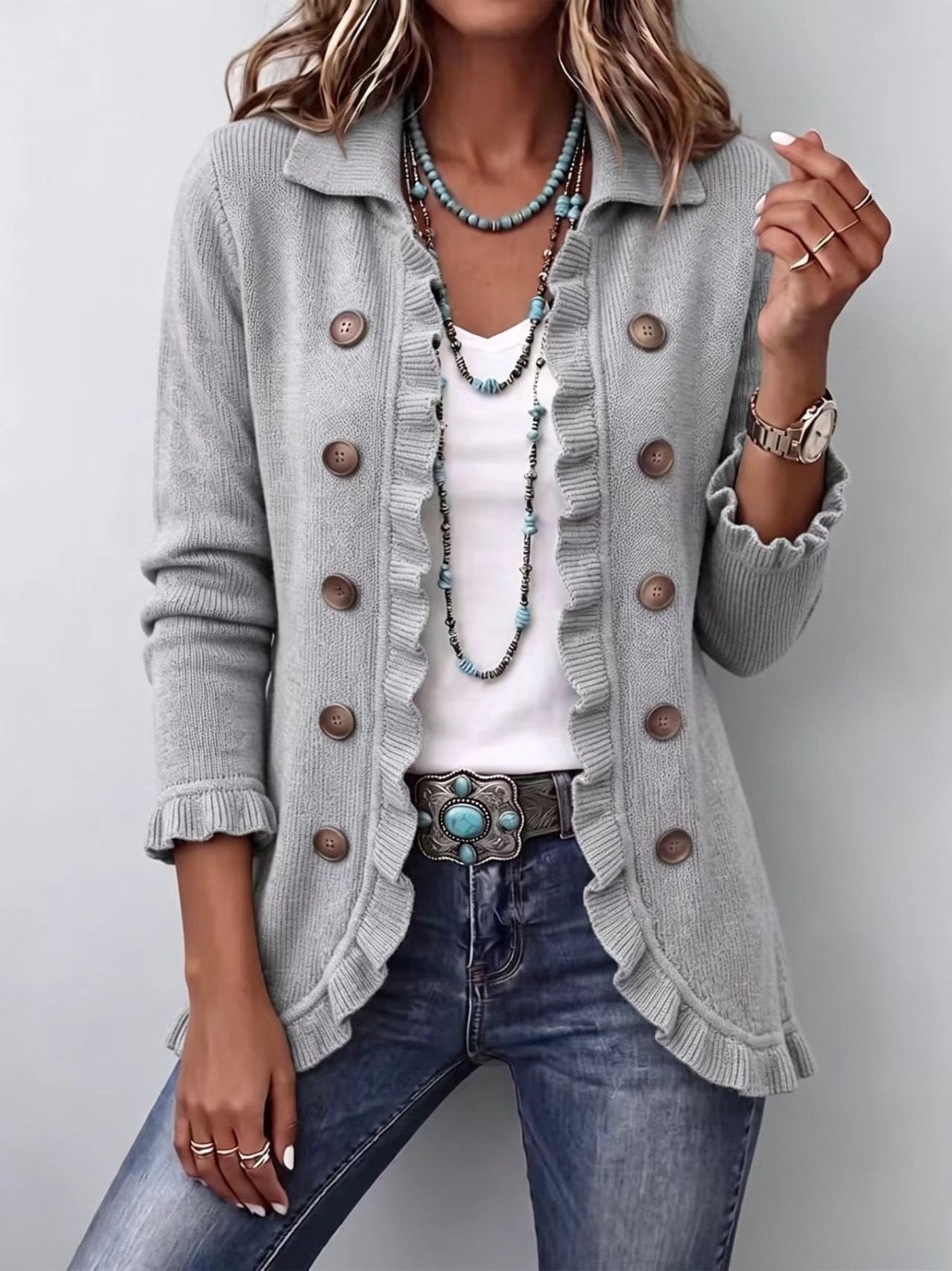 Elowen | Heather Grey Ribbed Knit Ruffle Cardigan