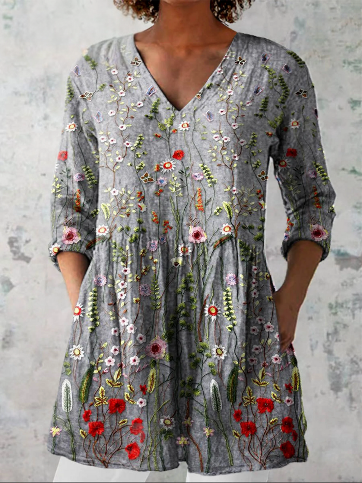 Amelie | Soft Grey Blossom Tunic Blouse