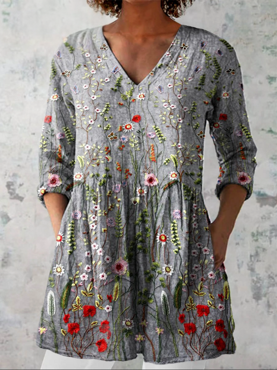 Amelie | Soft Grey Blossom Tunic Blouse