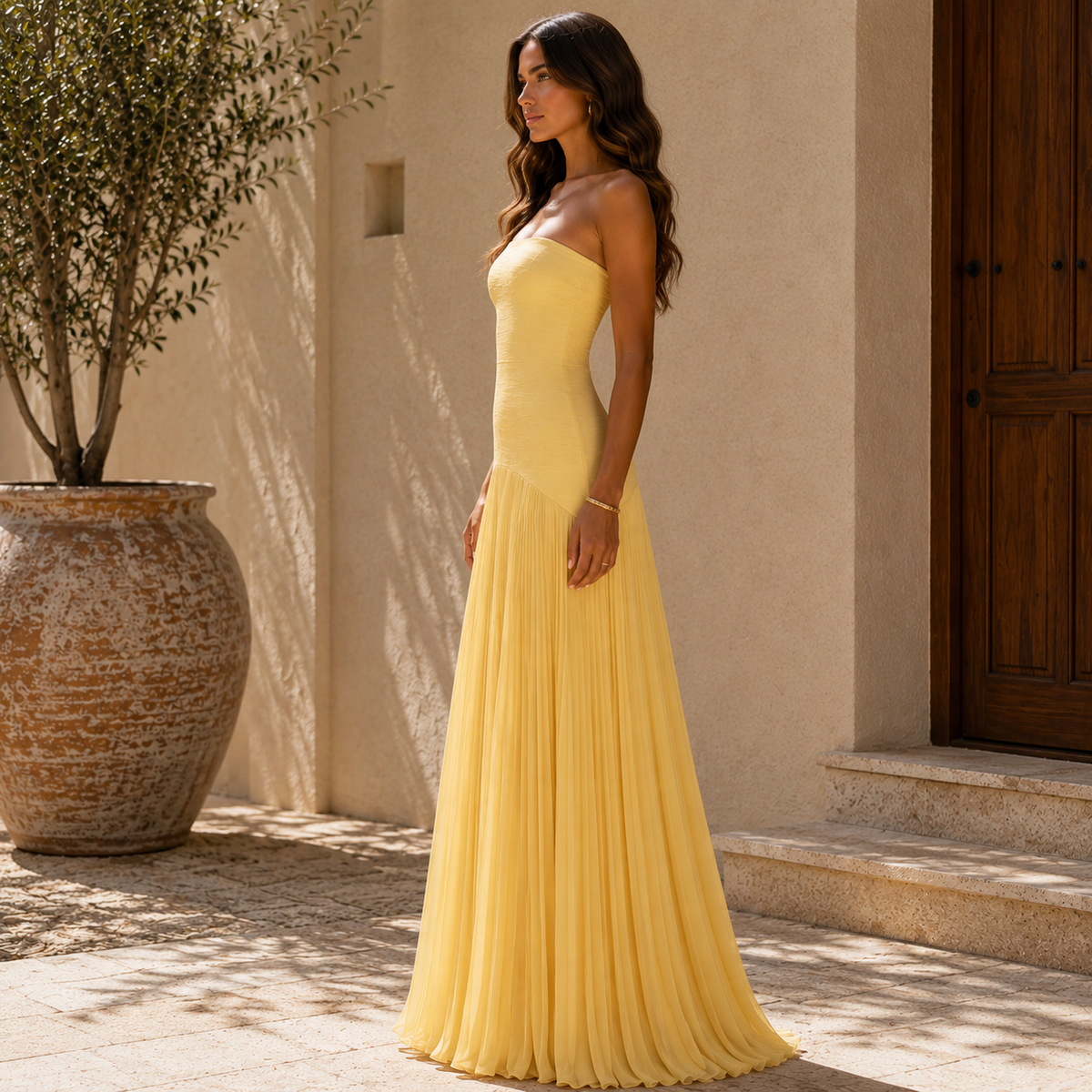 Almudena | Elegant Strapless Pleated Dress