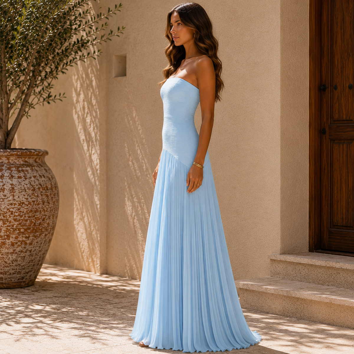 Almudena | Elegant Strapless Pleated Dress