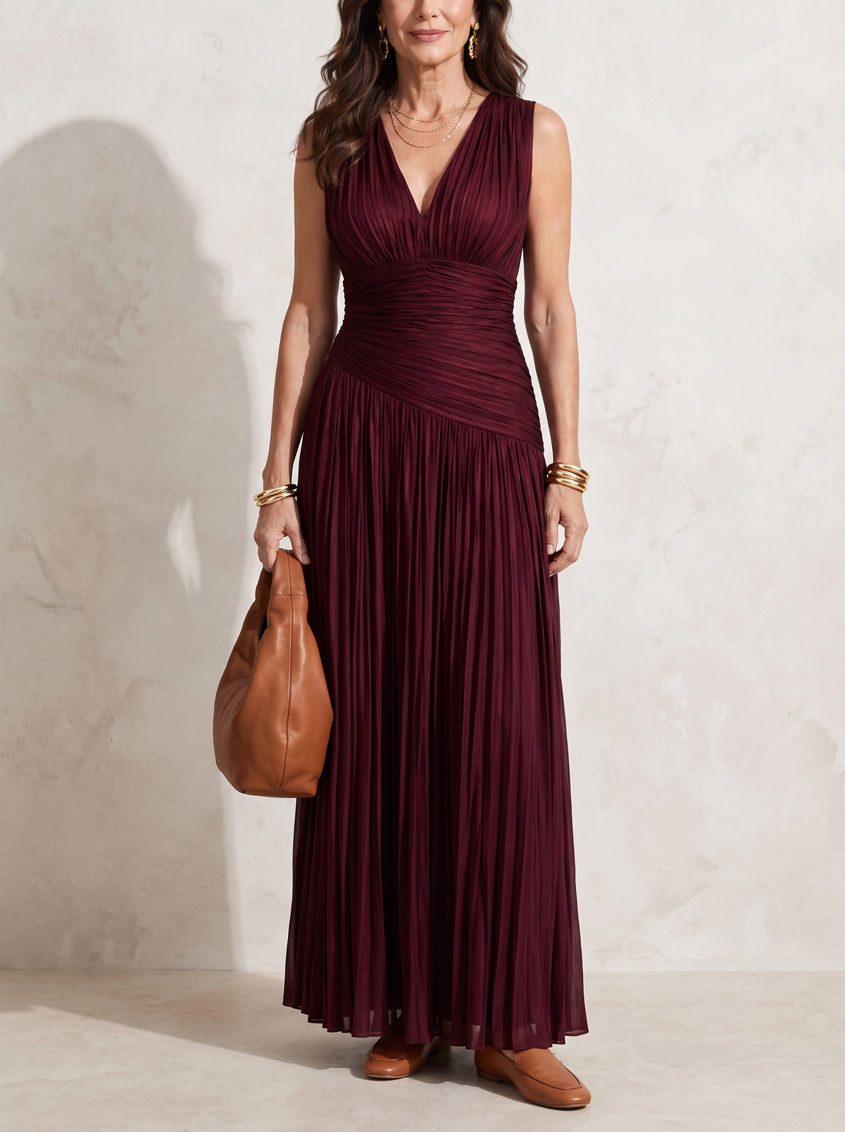 Lemar | Pleated V Neck Midi Dress