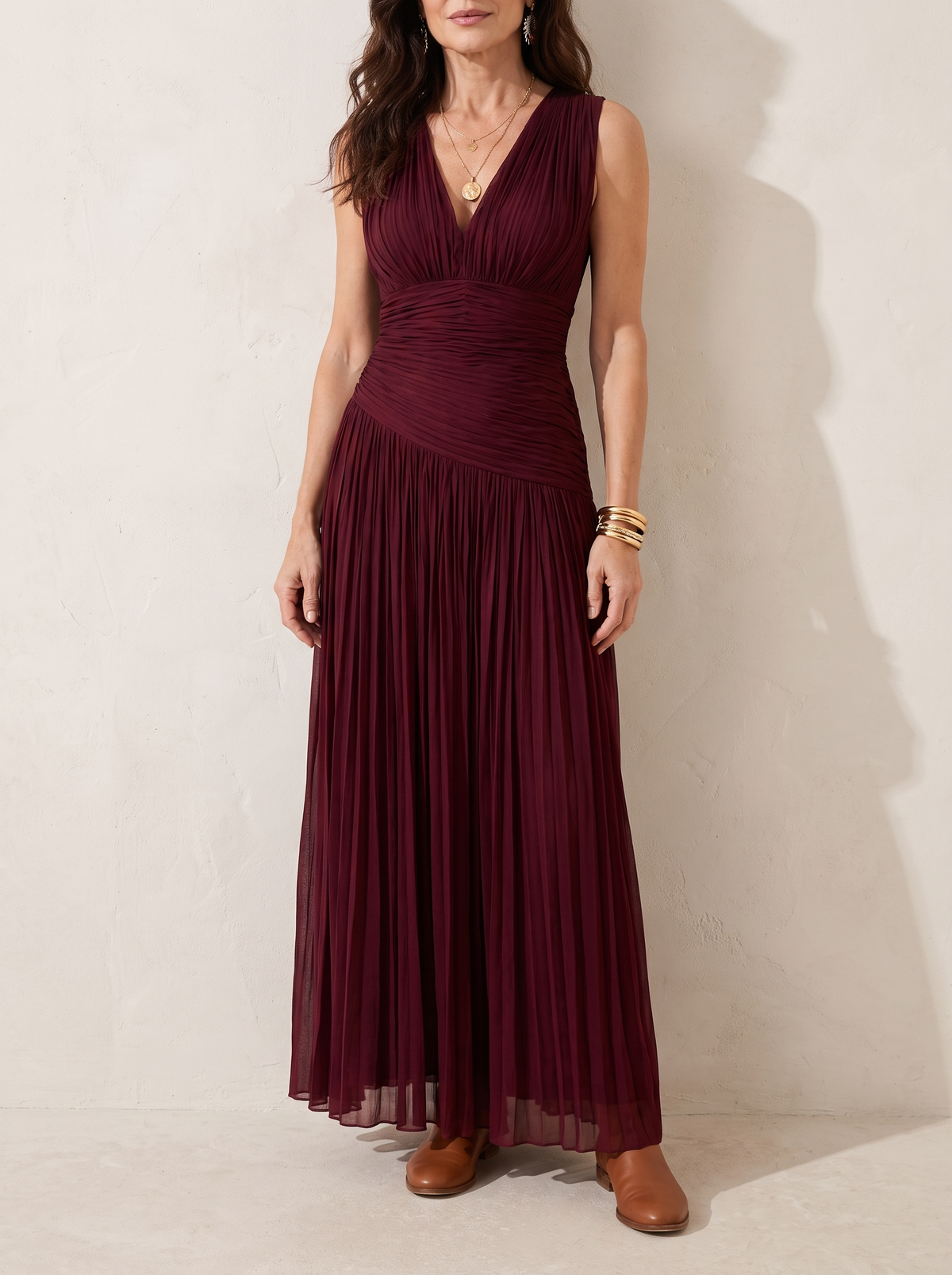 Lemar | Pleated V Neck Midi Dress