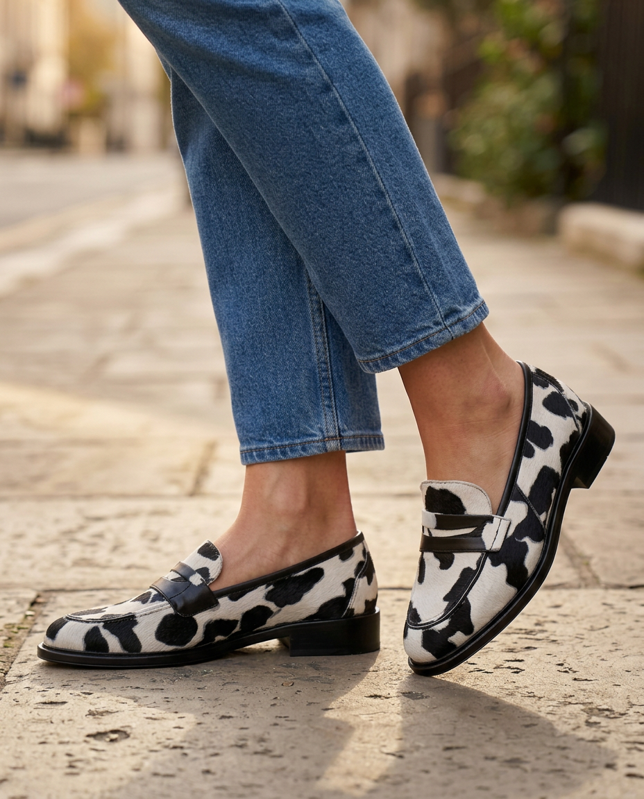Leocadia | Relaxed Cow Print Penny Loafers