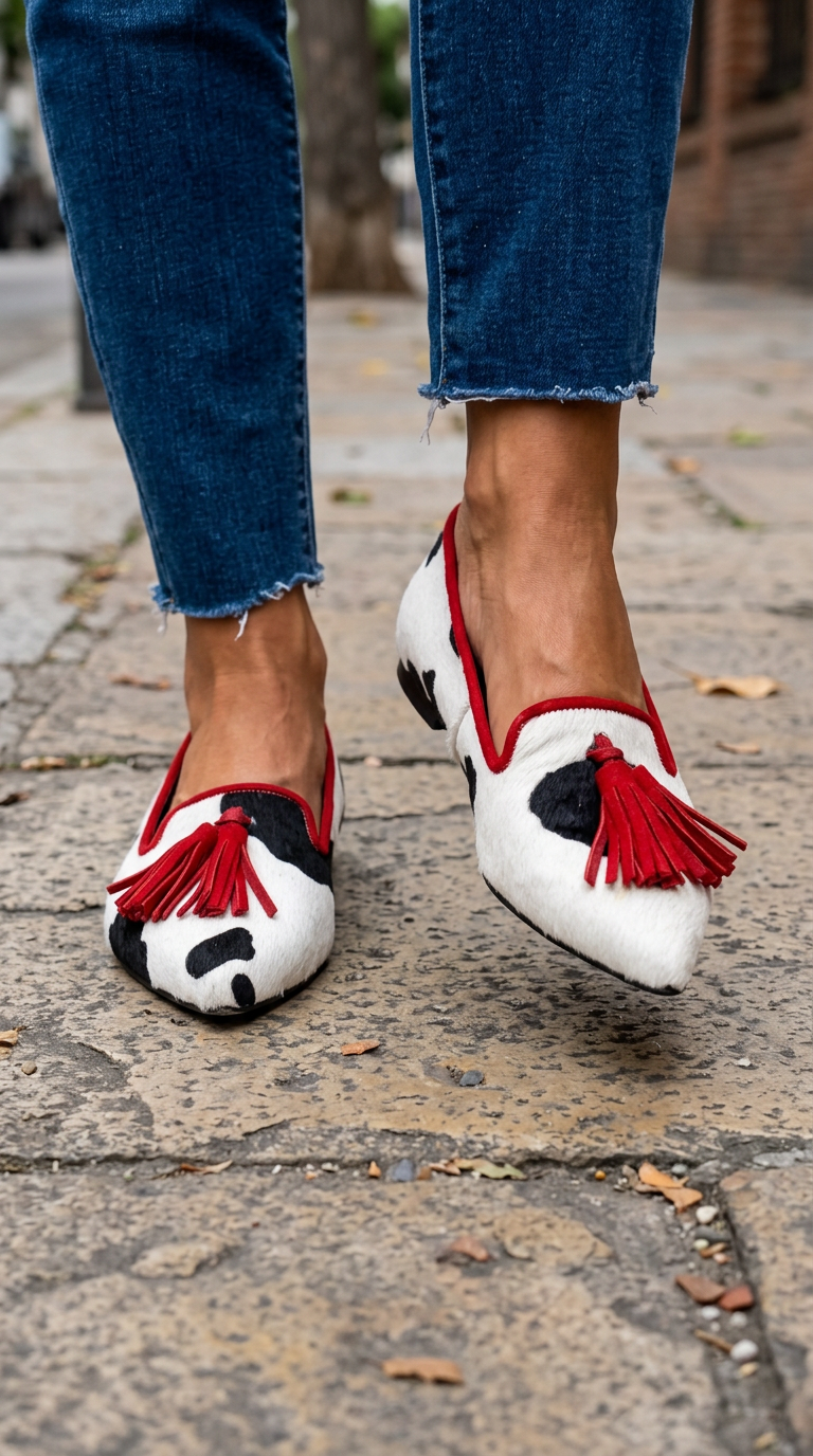 Cordula | Cow Print Red Tassel Loafers