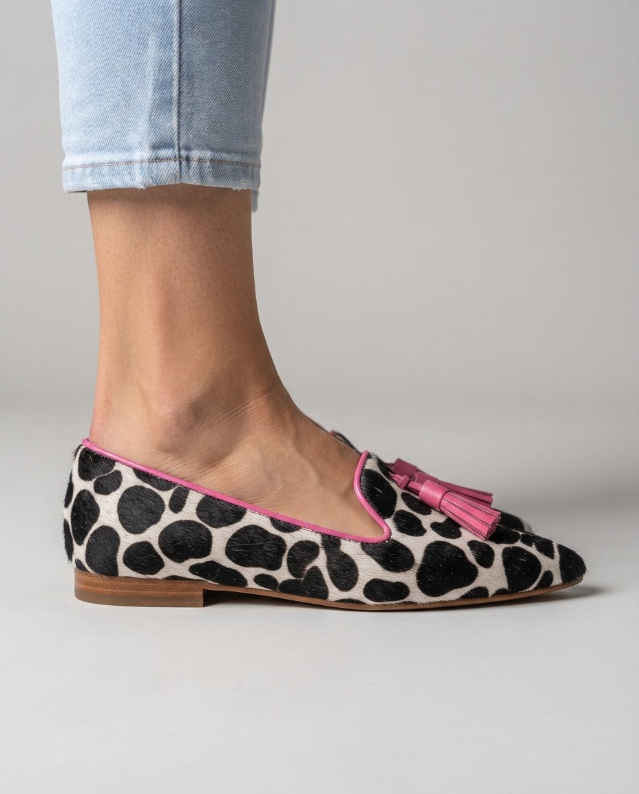 Valeska | Spotted Print Pink Tassel Loafers