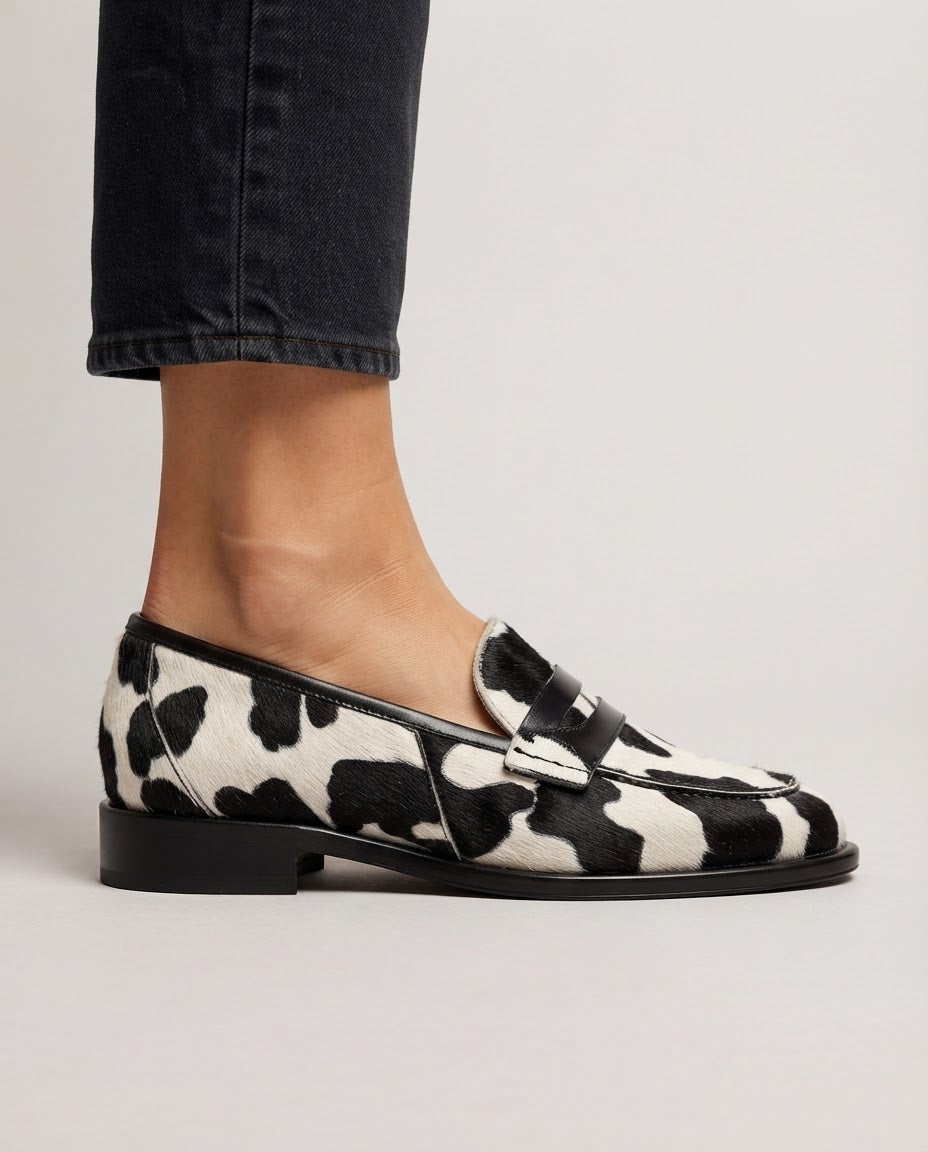 Leocadia | Relaxed Cow Print Penny Loafers