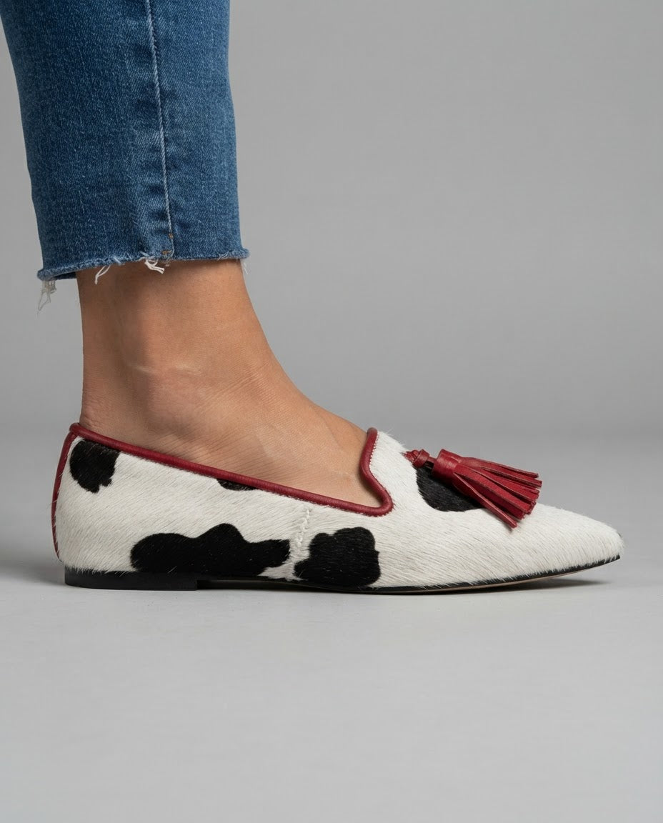 Cordula | Cow Print Red Tassel Loafers
