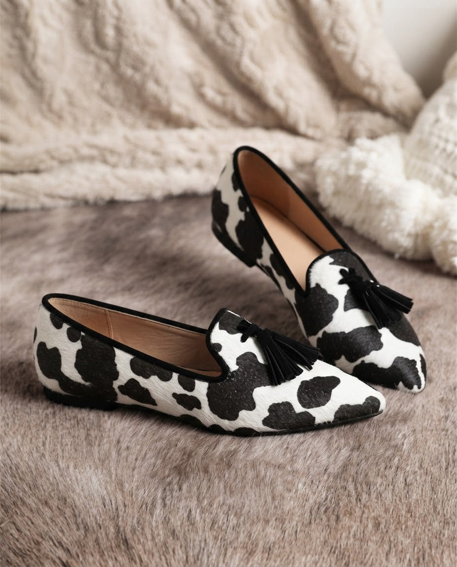 Bellamy | Cow Print Black Tassel Loafers